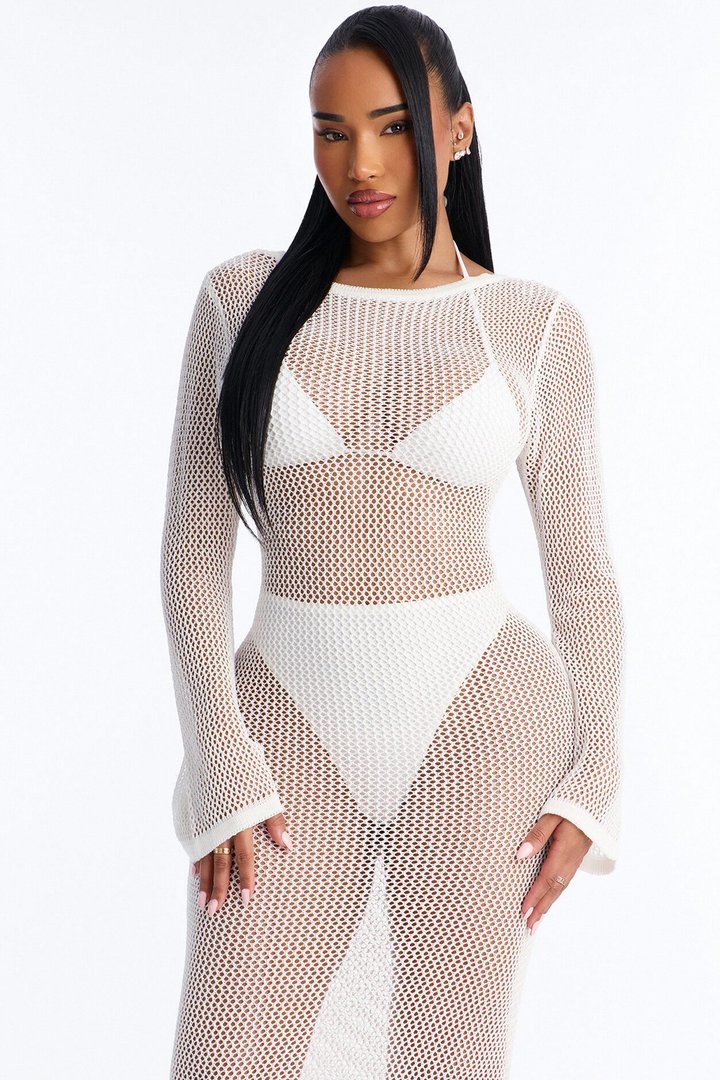 Coastal Veil Crochet Cover Up Bell Sleeve Dress - White