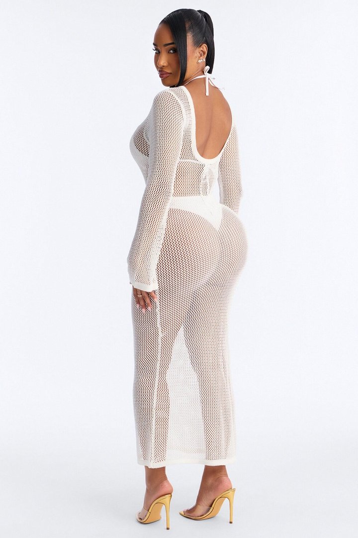 Coastal Veil Crochet Cover Up Bell Sleeve Dress - White