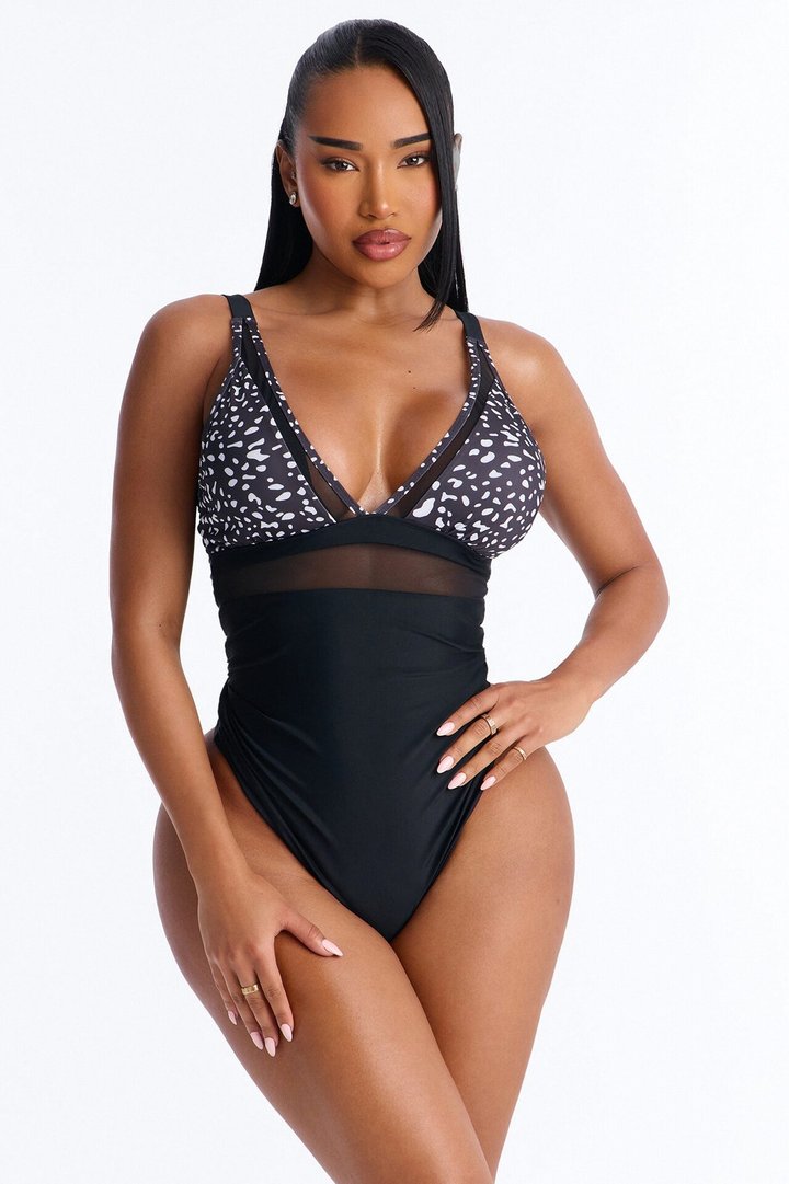 Follow The Sun Mesh Cut Out V-Neck 1 Piece Swimsuit - White/Black