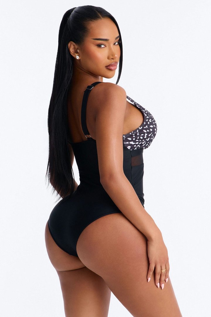 Follow The Sun Mesh Cut Out V-Neck 1 Piece Swimsuit - White/Black
