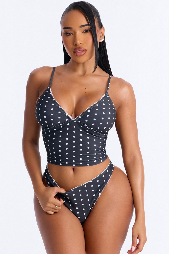 Fatima Polka Dot Tank Top Lace Trim 2 Piece Bikini - Black/combo