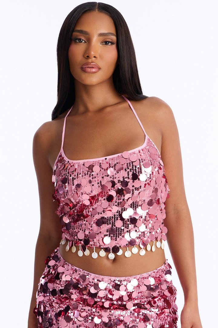 Sunset Drips Sequin Halter Top - Pink