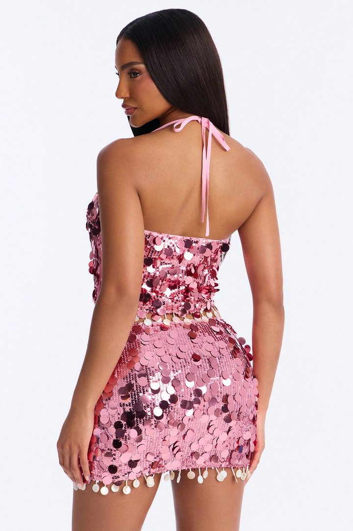 Sunset Drips Sequin Halter Top - Pink