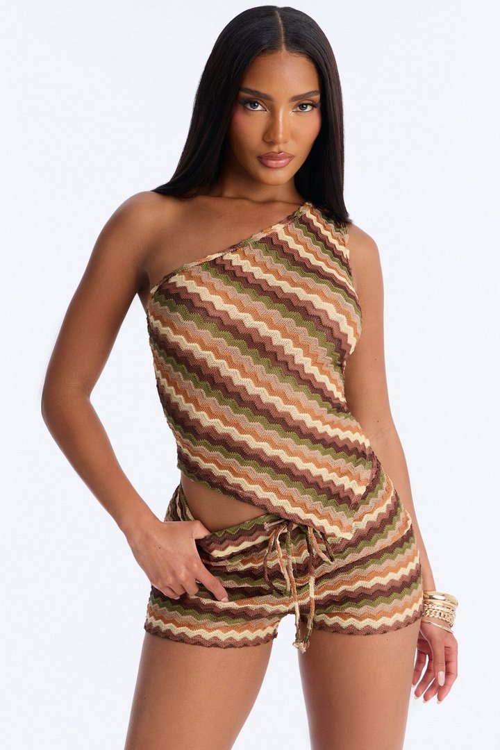 Tessa Crochet One Shoulder Short Set - Brown/combo