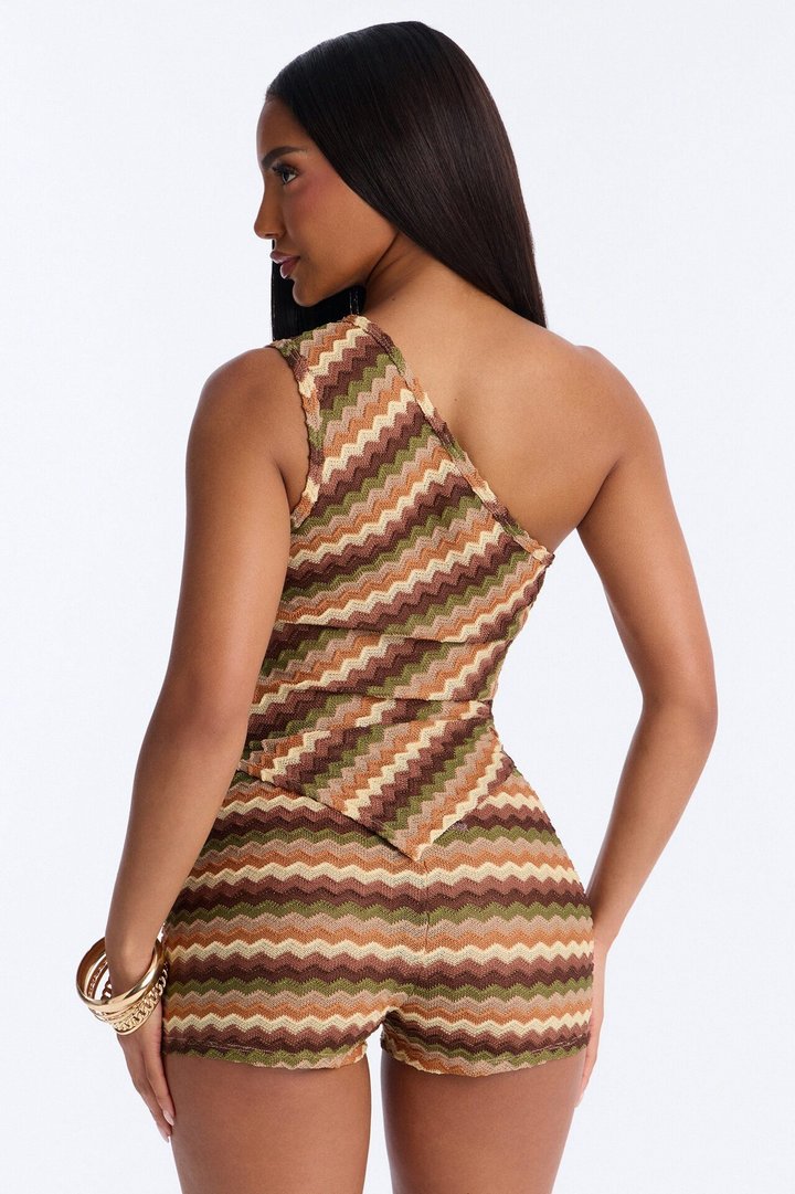 Tessa Crochet One Shoulder Short Set - Brown/combo