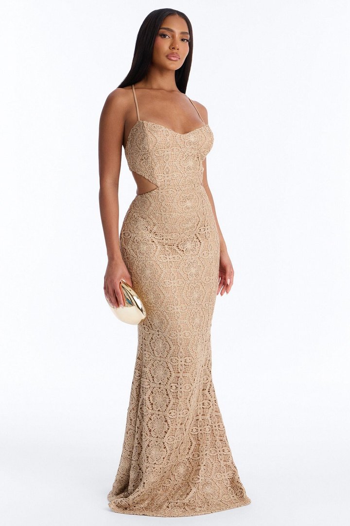 Heat Check Metallic Crochet Maxi Dress - Taupe