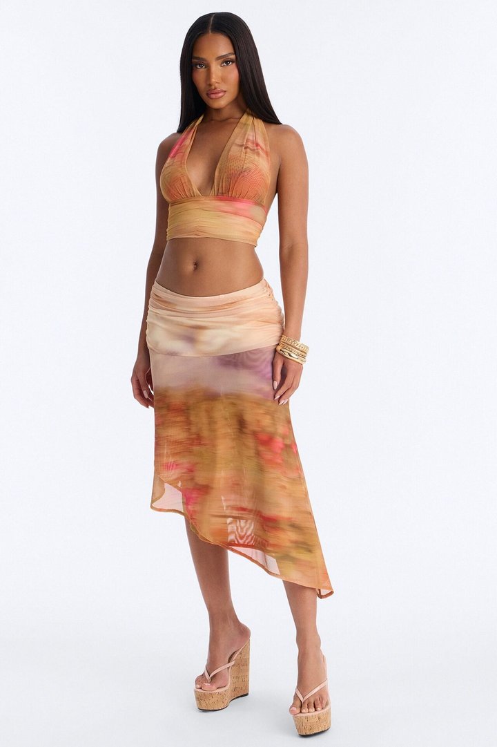 Evalie Mesh Halter Skirt Set - Mustard/combo