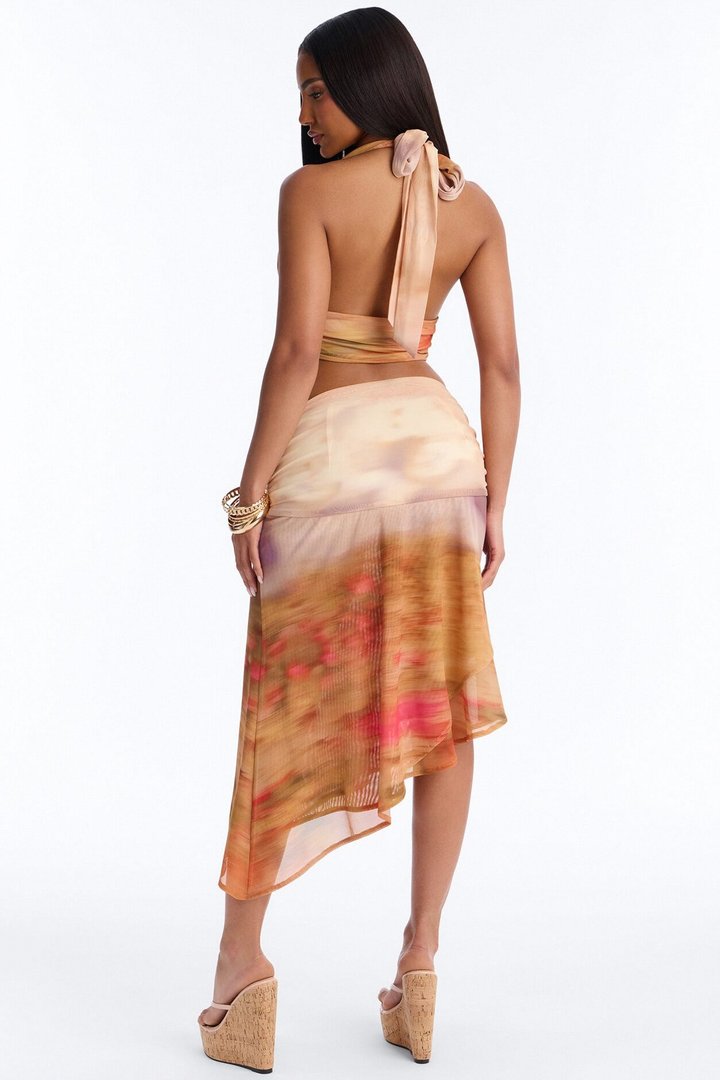 Evalie Mesh Halter Skirt Set - Mustard/combo