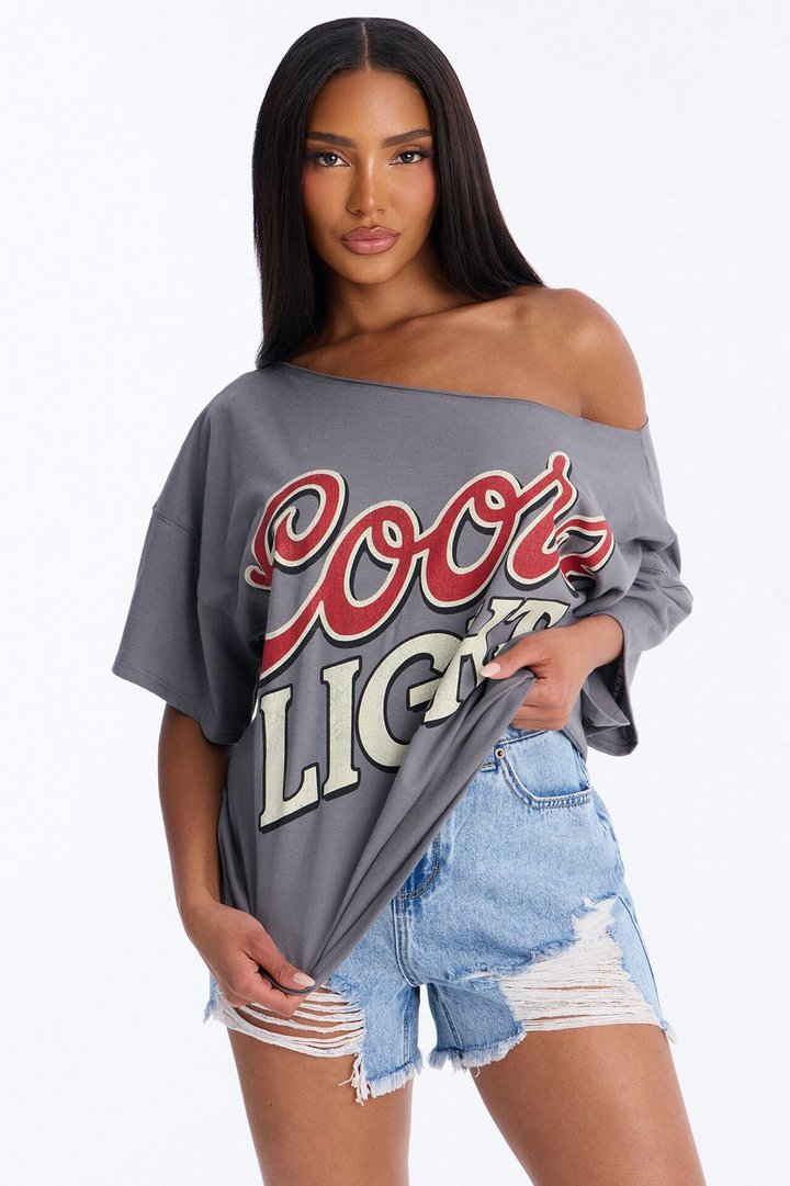 Coors Light Off Shoulder Cropped Tee - Charcoal
