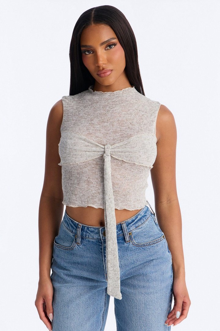 Heather Mock Neck Tie Sleeveless Top - Grey/combo