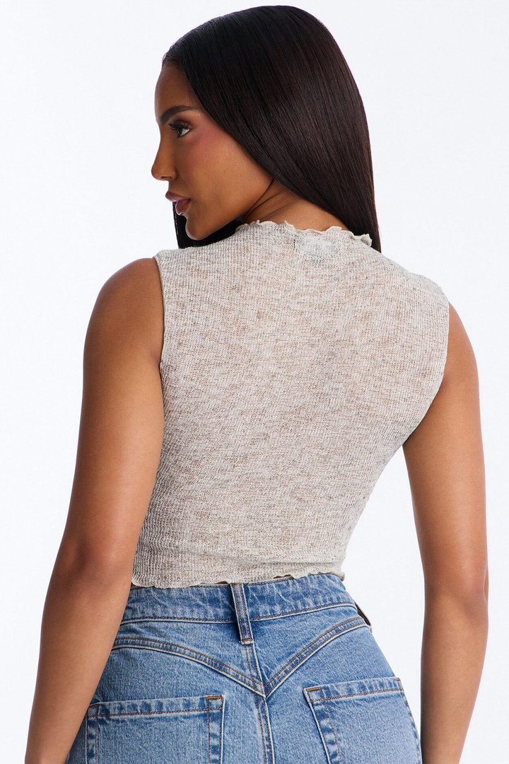 Heather Mock Neck Tie Sleeveless Top - Grey/combo