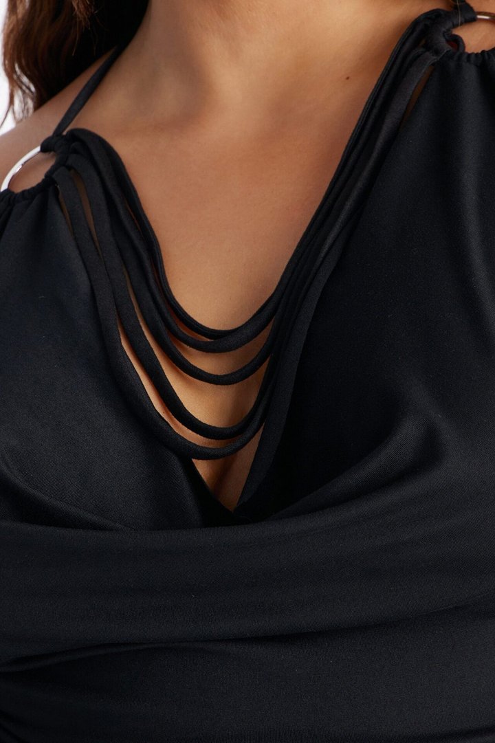 Party All Night Fringe Cowl Neck Halter Top - Black