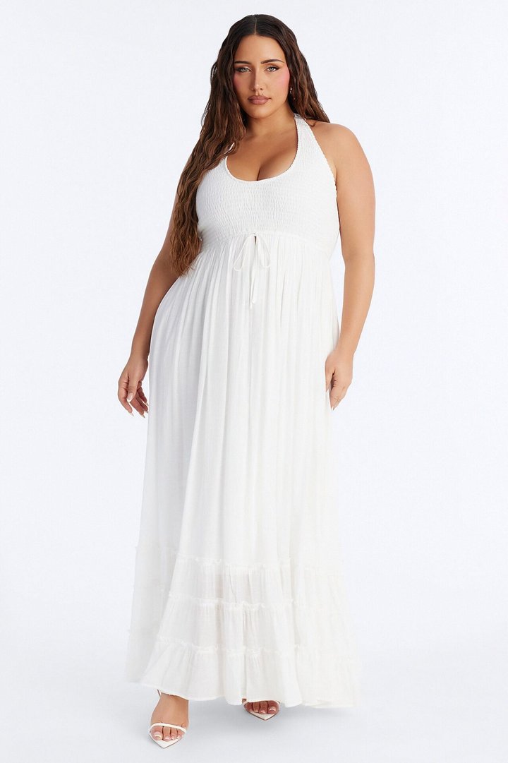 Freya Smocked Linen Maxi Dress - White