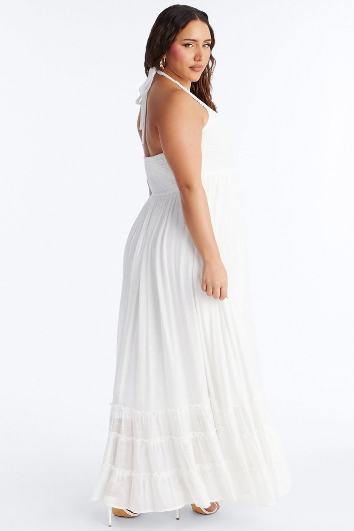 Freya Smocked Linen Maxi Dress - White