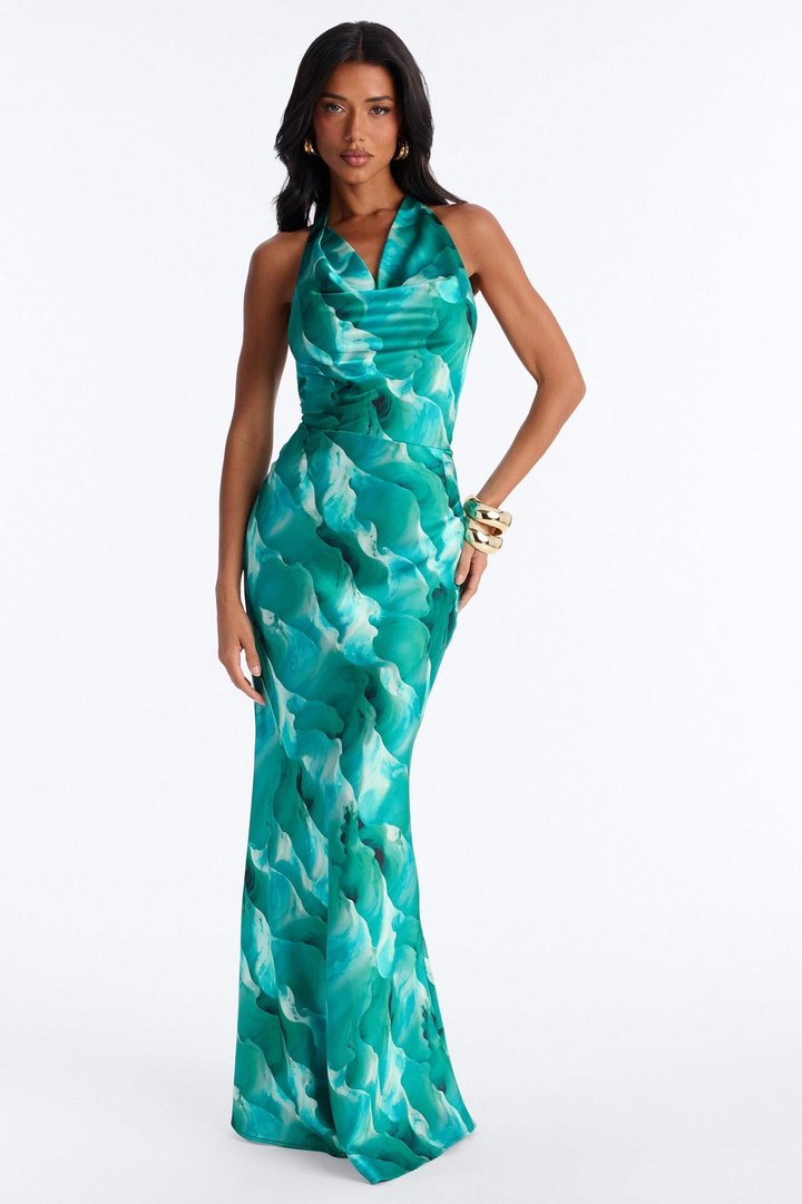 Luxe Life Halter Satin Maxi Dress - Teal/combo