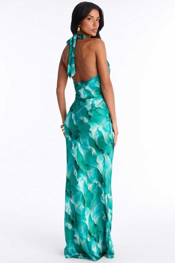 Luxe Life Halter Satin Maxi Dress - Teal/combo