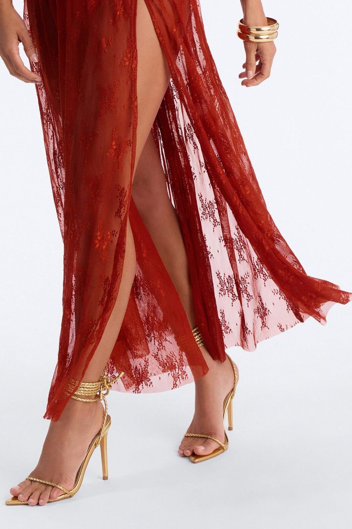 Top Tier Sheer Lace Maxi Dress - Rust