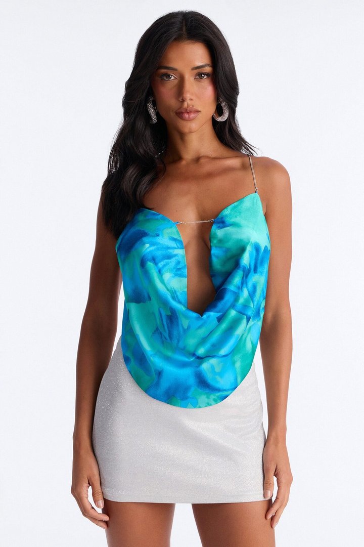 Flirt First Chain Strap Satin Halter Top - Blue/combo