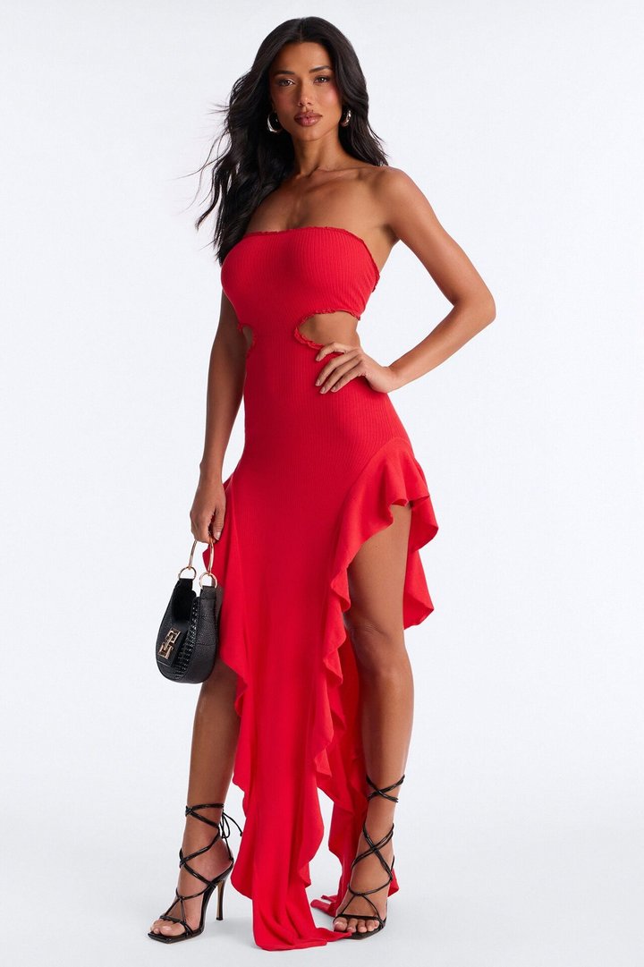 Baddie Behavior Ruffle Ribbed Maxi Dress - Red