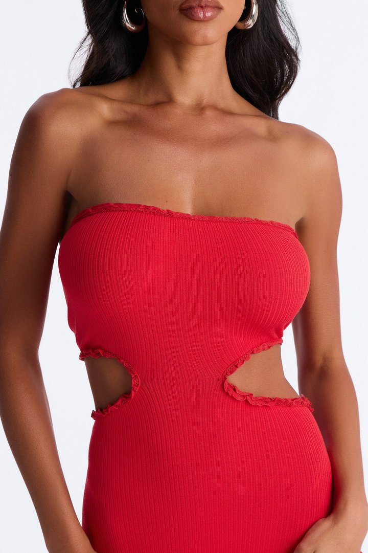 Baddie Behavior Ruffle Ribbed Maxi Dress - Red
