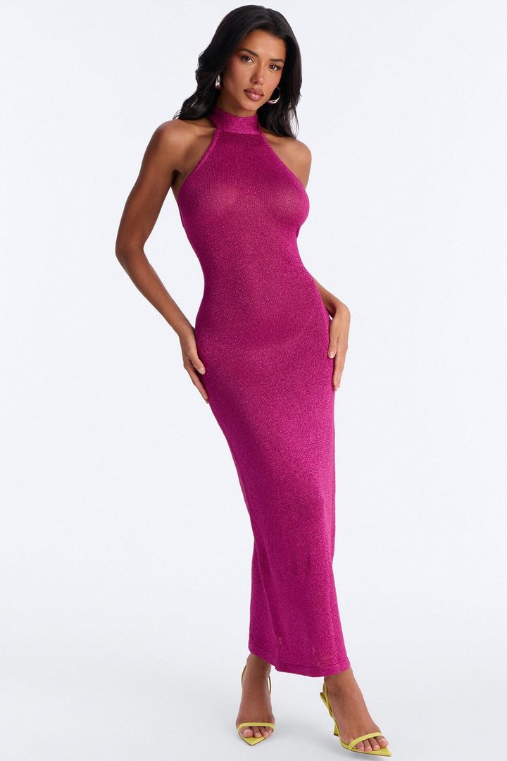 Valentina Metallic Knit Maxi Dress - Hot Pink