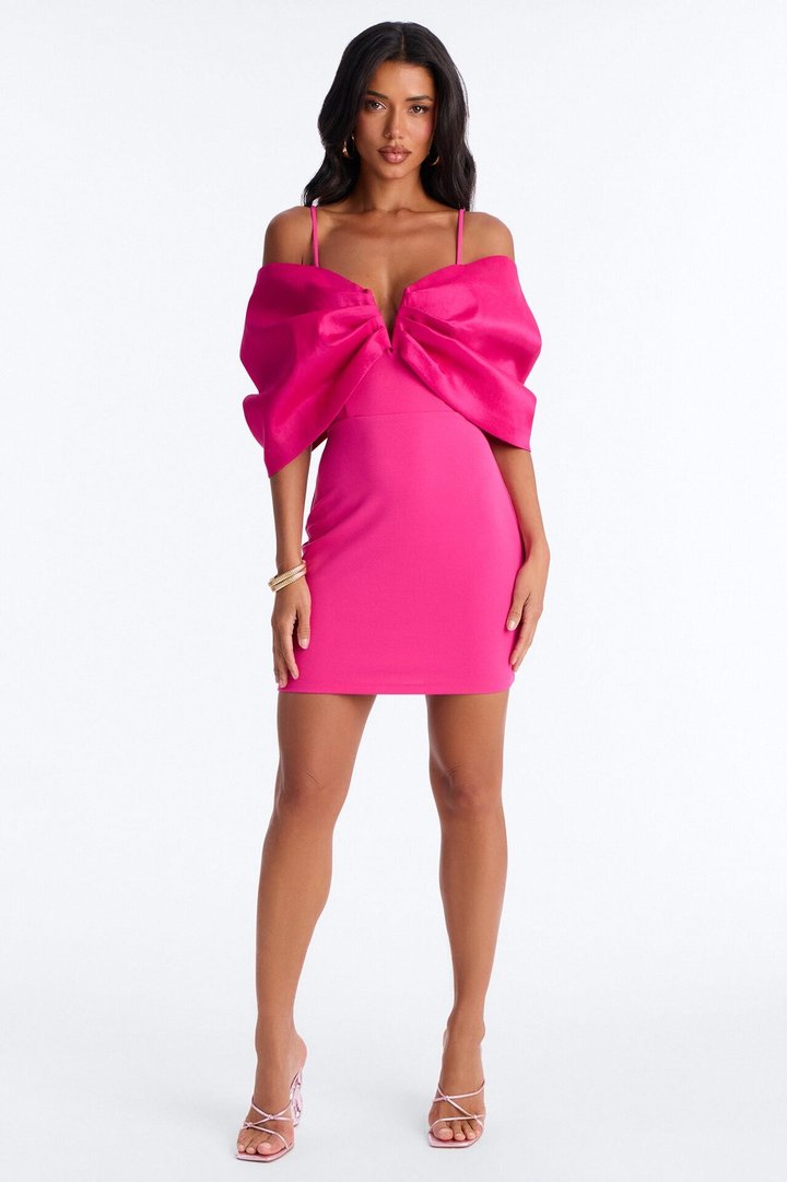 Audrina Pleated Bow Mini Dress - Fuchsia