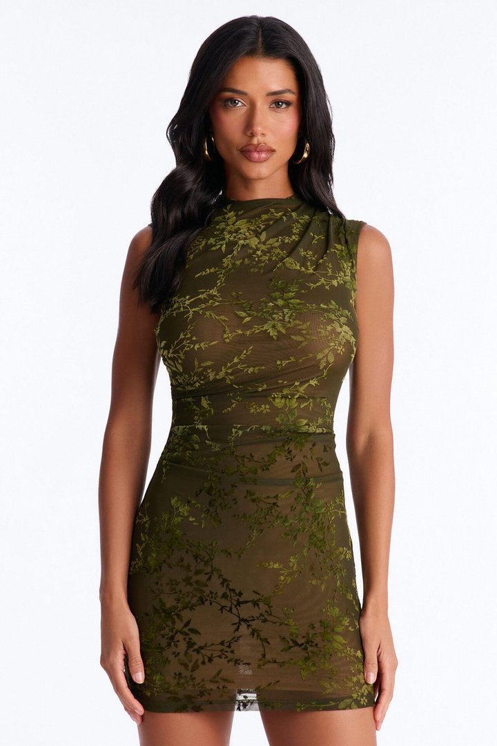 Magnolia Flocked Mesh Mini Dress - Olive
