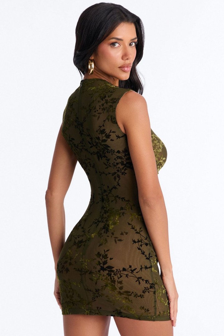 Magnolia Flocked Mesh Mini Dress - Olive
