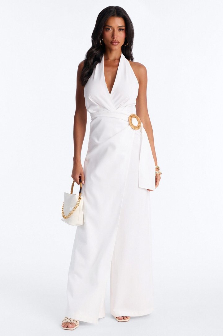 Tara Linen Halter Straight Leg Jumpsuit - White