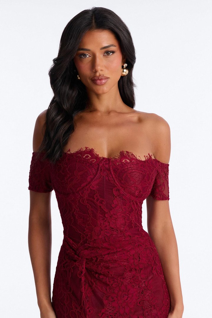 Dalia Off Shoulder Lace Gown - Wine