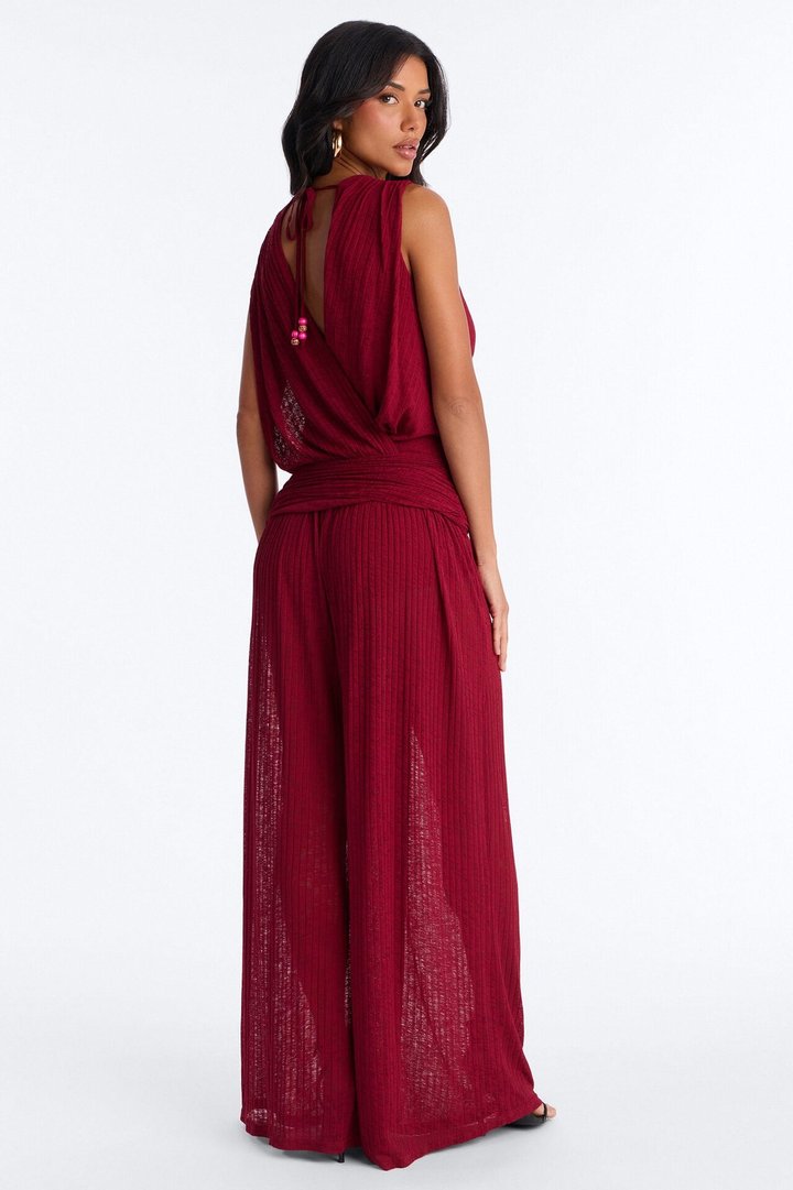 Romy Beaded Wide Leg Slit Jumpsuit - Wine