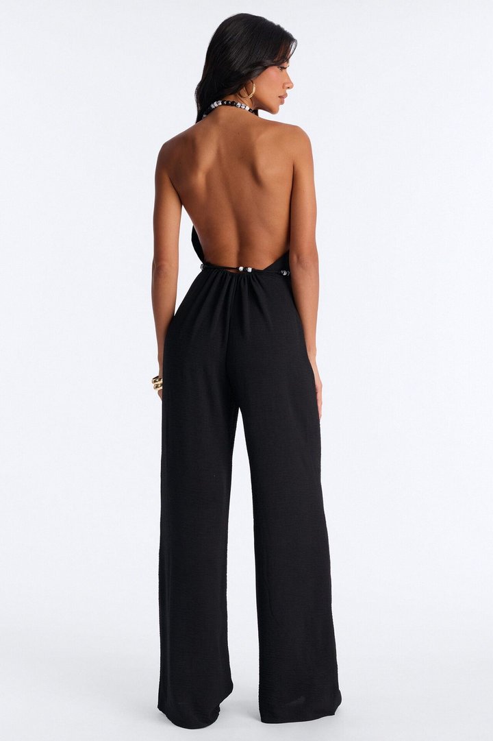 Esme Beaded Backless Jumpsuit - Black