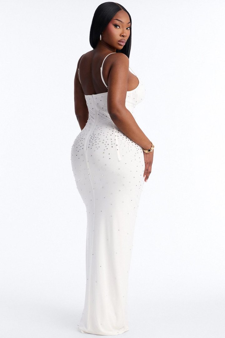 Celina Rhinestone Mesh Maxi Dress - White