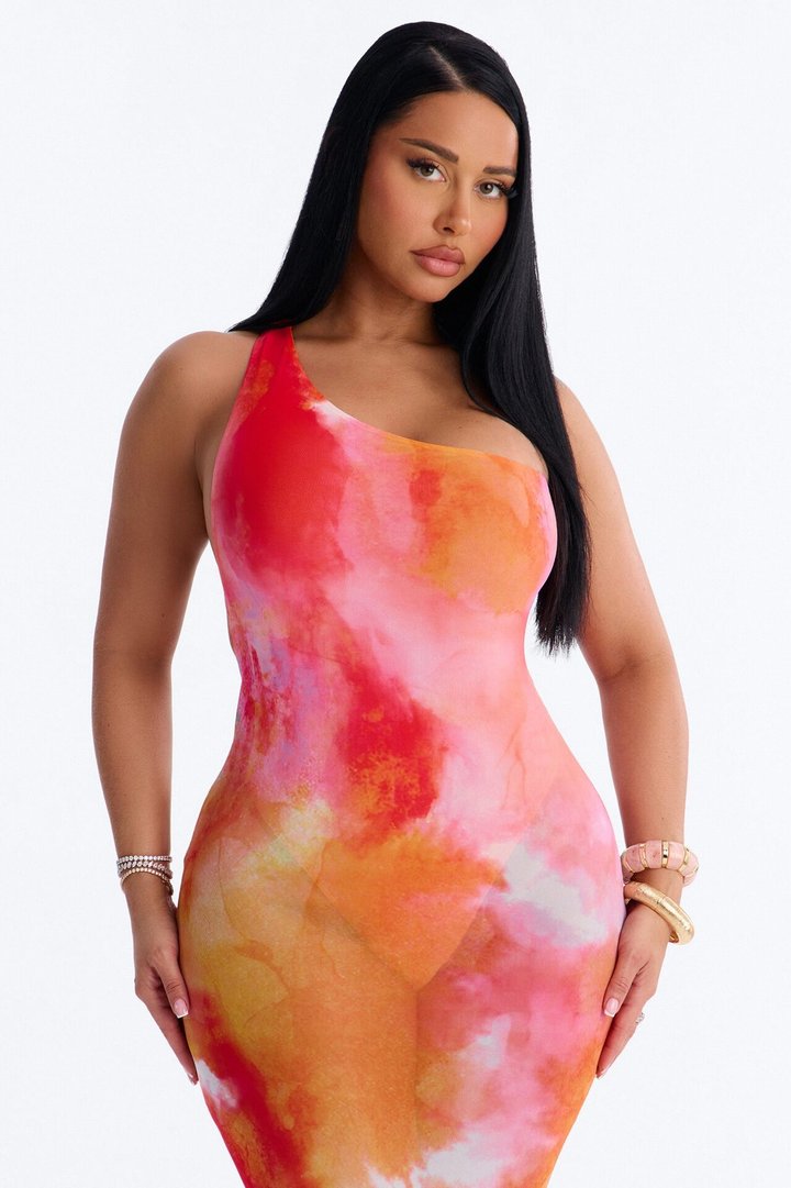 Macy One Shoulder Sheer Maxi Dress - Orange/combo