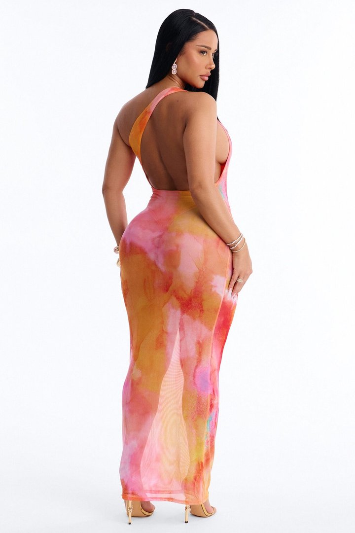 Macy One Shoulder Sheer Maxi Dress - Orange/combo