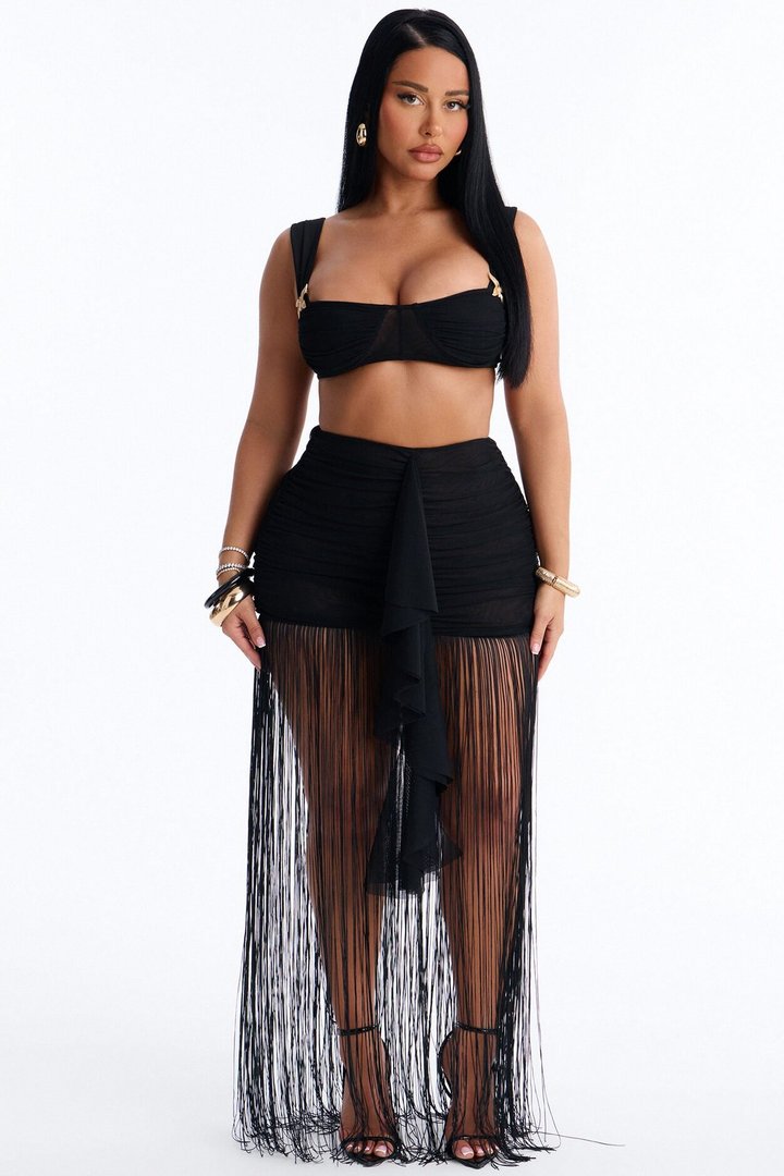 Farrah Mesh Fringe Skirt Set - Black