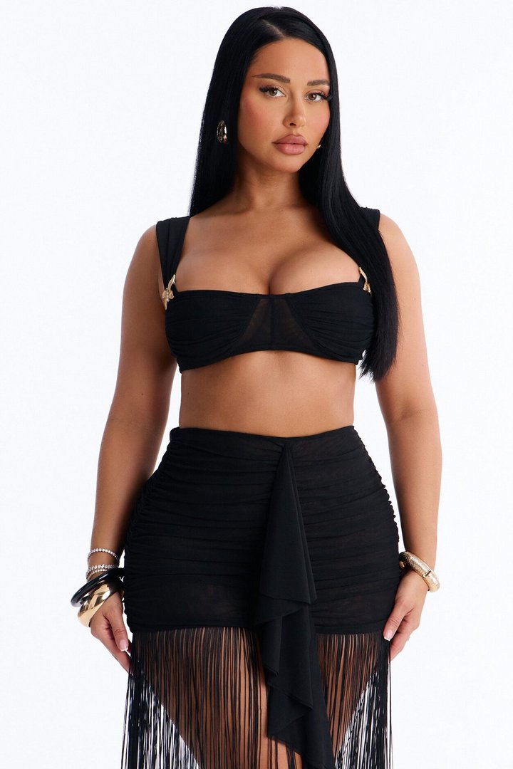 Farrah Mesh Fringe Skirt Set - Black