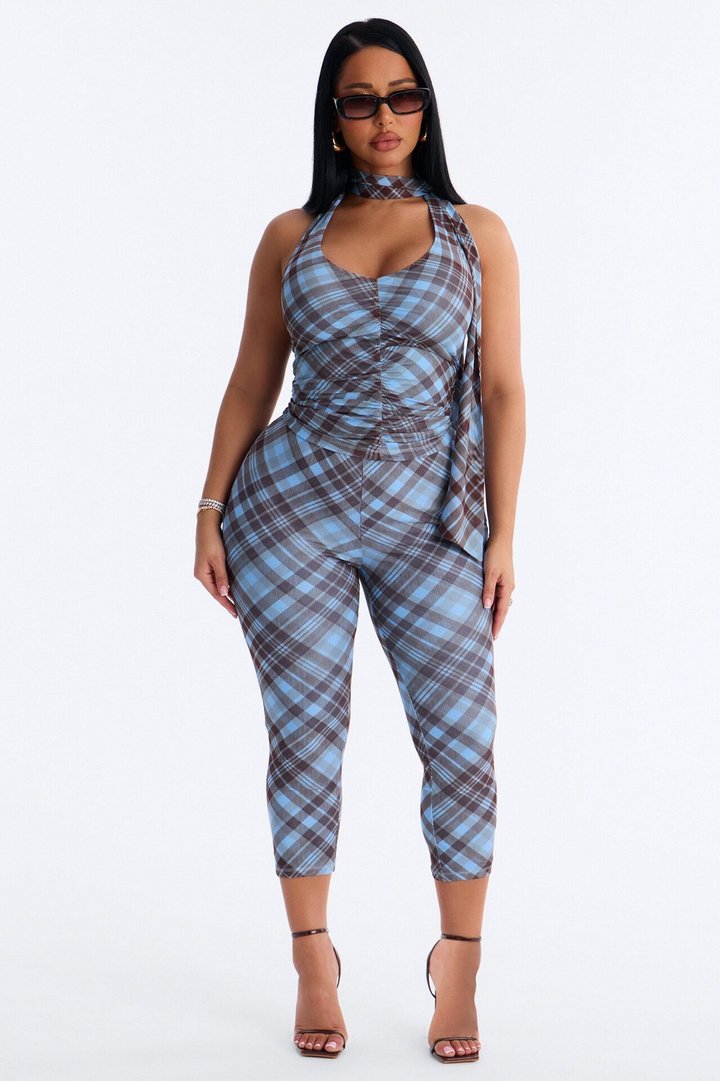 Paloma Plaid Halter 3 Piece Capri Set - Blue/combo