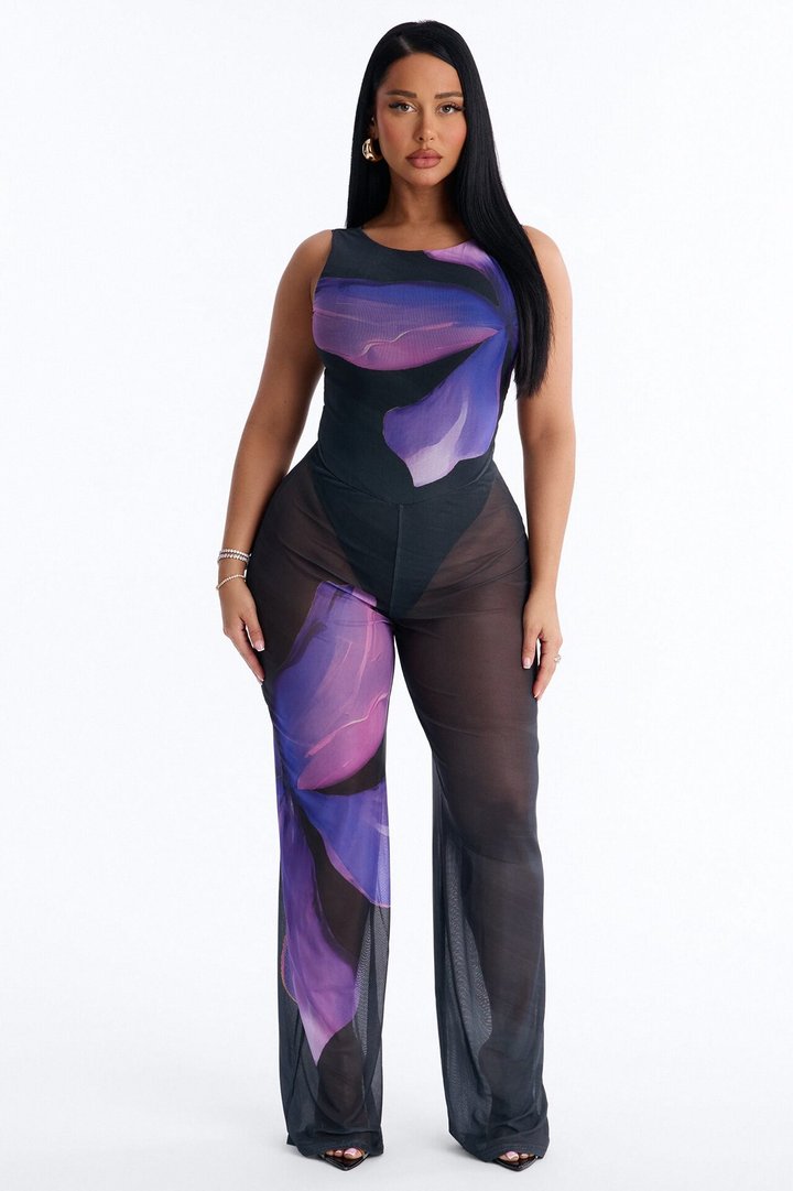 Yara Backless Mesh Jumpsuit - Purple