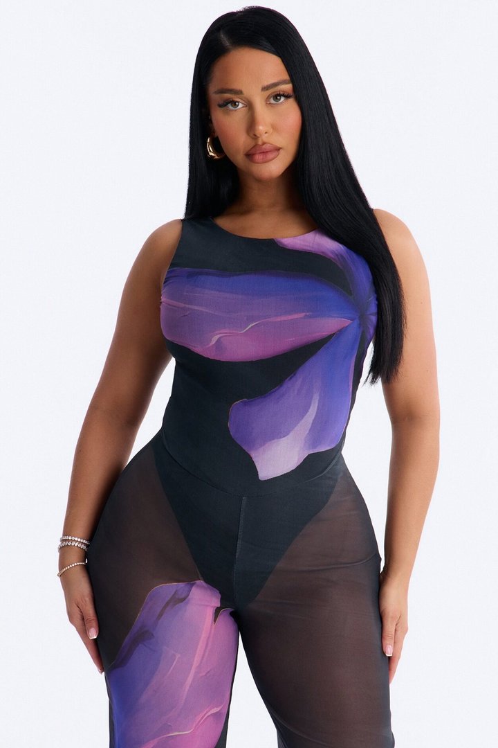 Yara Backless Mesh Jumpsuit - Purple