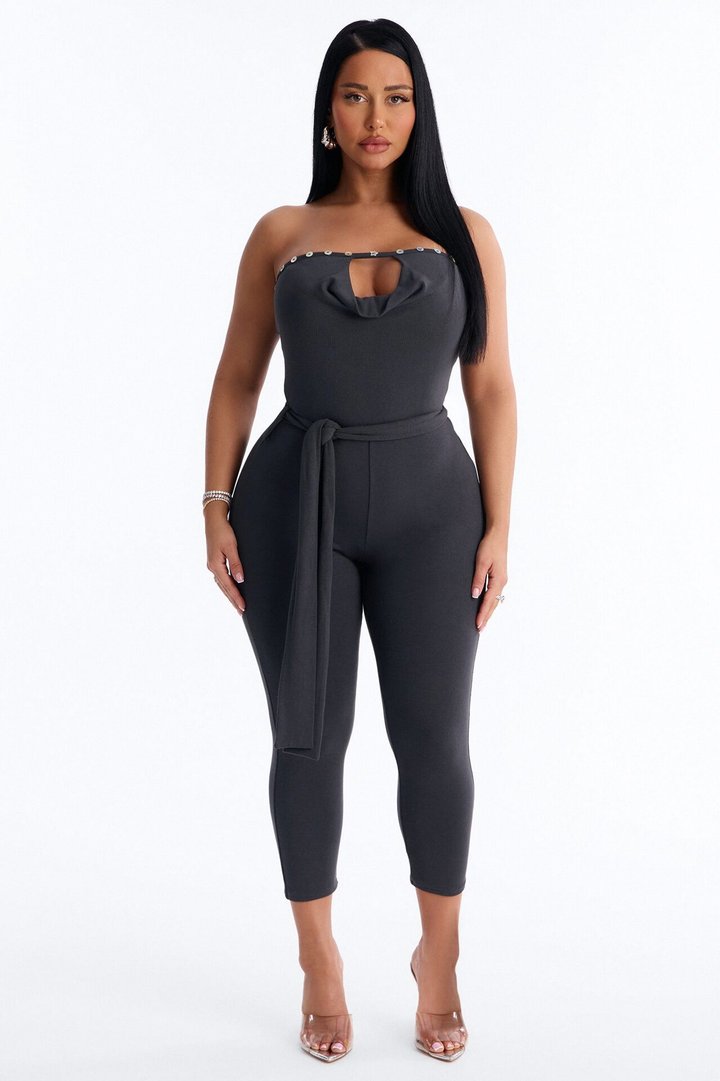 Sisi Strapless Embellished Jumpsuit - Charcoal
