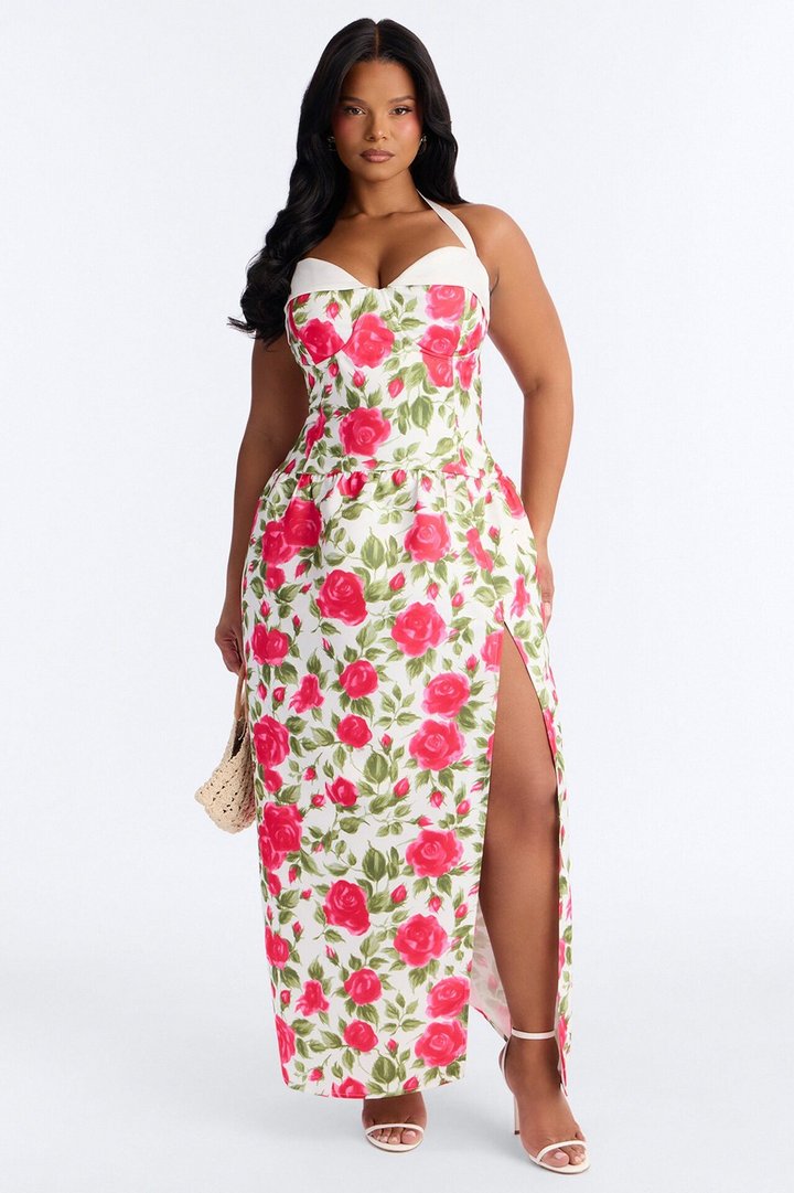 Sweetheart Floral Satin High Slit Maxi Dress - Pink/combo