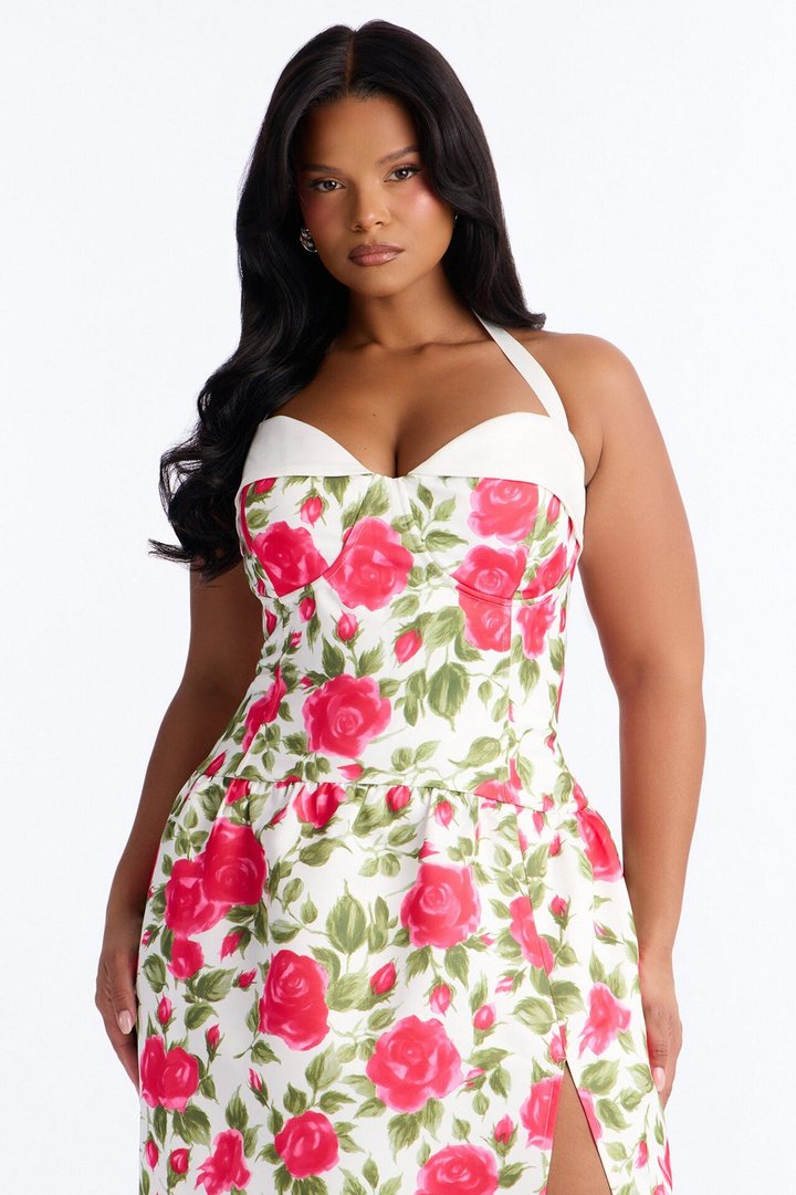 Sweetheart Floral Satin High Slit Maxi Dress - Pink/combo