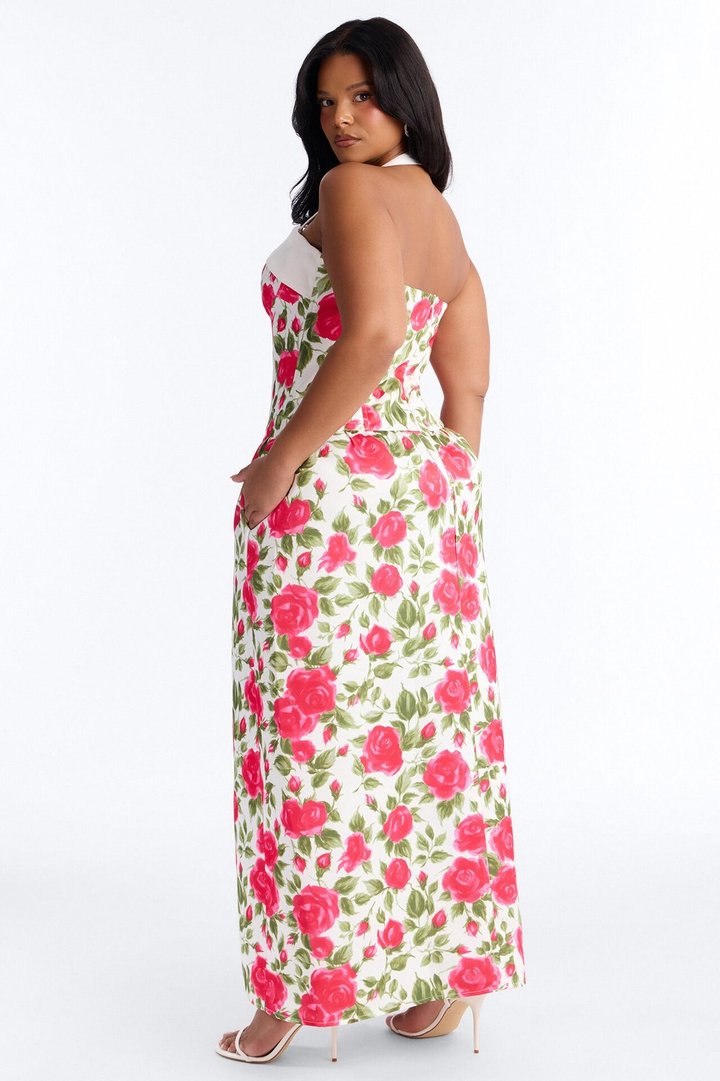 Sweetheart Floral Satin High Slit Maxi Dress - Pink/combo