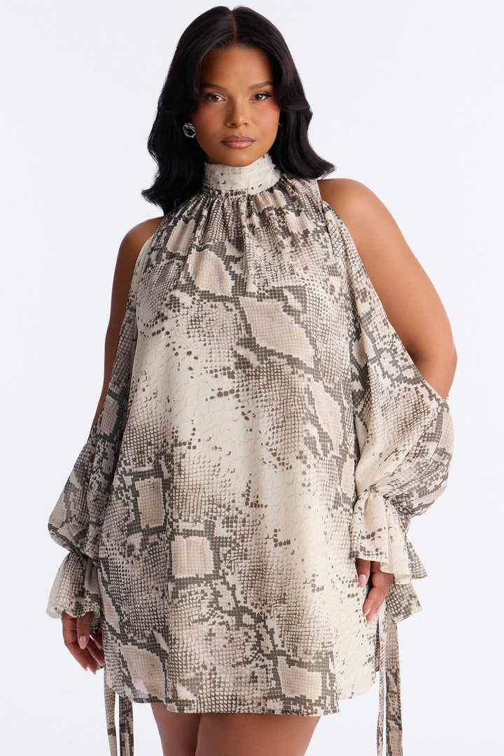 Mila Snake Print Chiffon Long Sleeve Mini Dress - Grey/combo