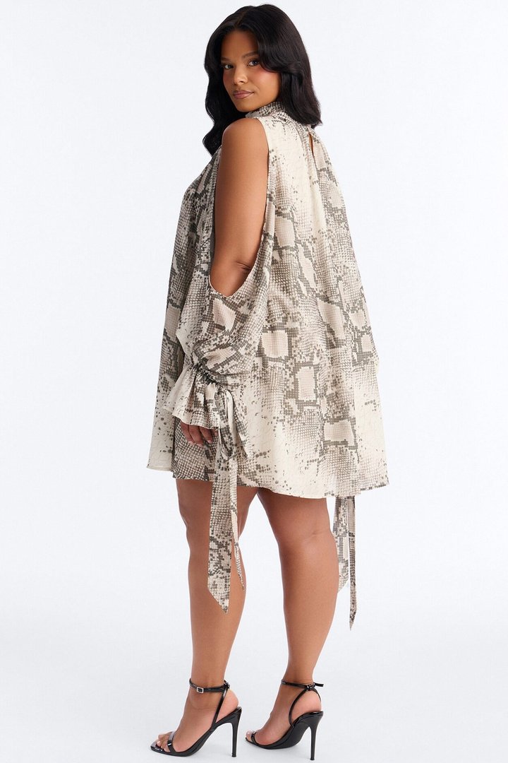 Mila Snake Print Chiffon Long Sleeve Mini Dress - Grey/combo