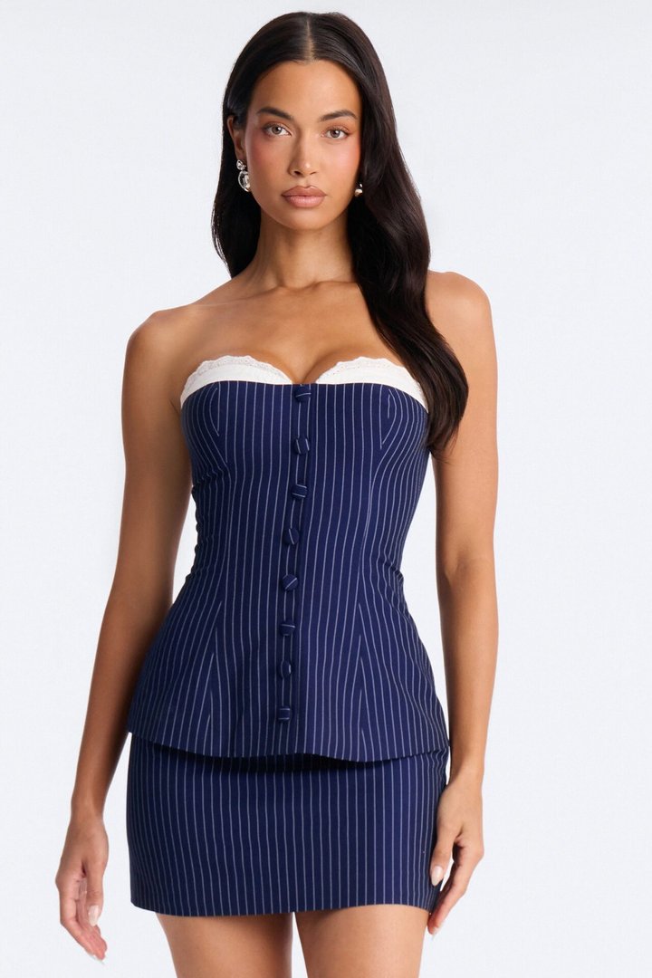 Victoria Pinstripe Micro Mini Skirt Set - Navy/combo