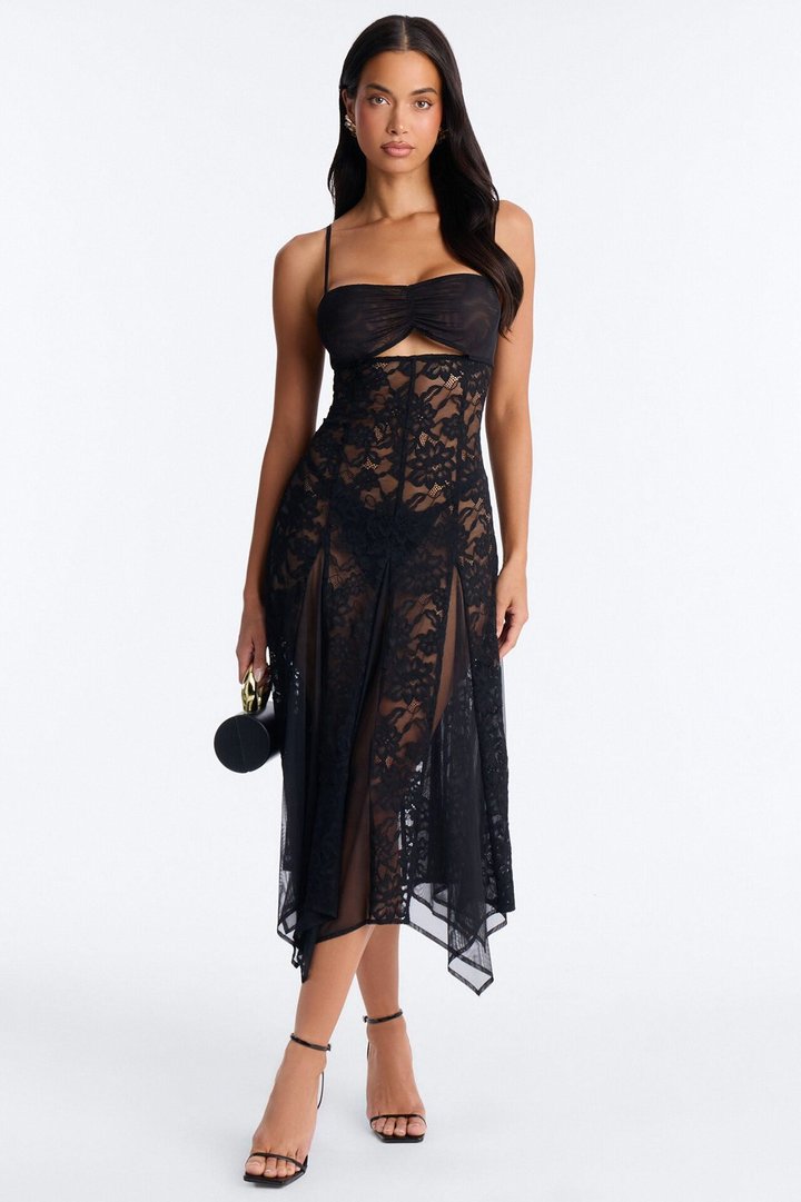 Femme Fatale Lace Midi Dress - Black