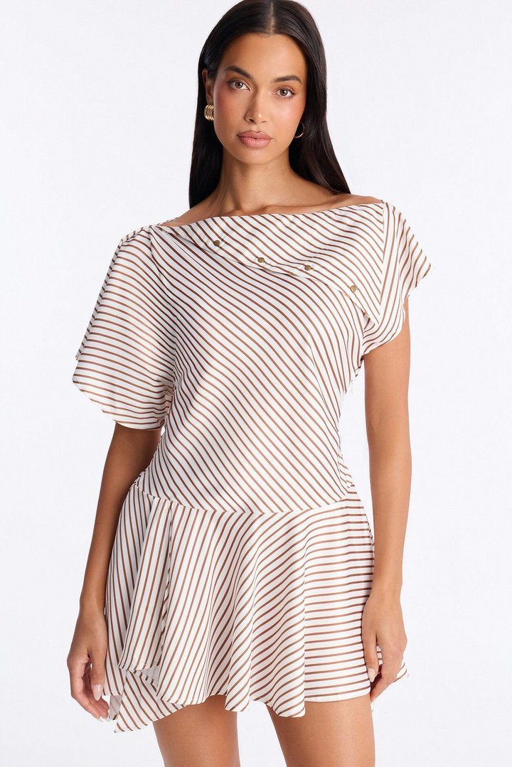 Shelly Striped Satin Mini Dress - Taupe/combo