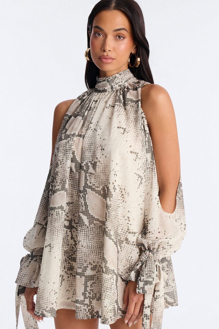 Mila Snake Print Chiffon Long Sleeve Mini Dress - Grey/combo